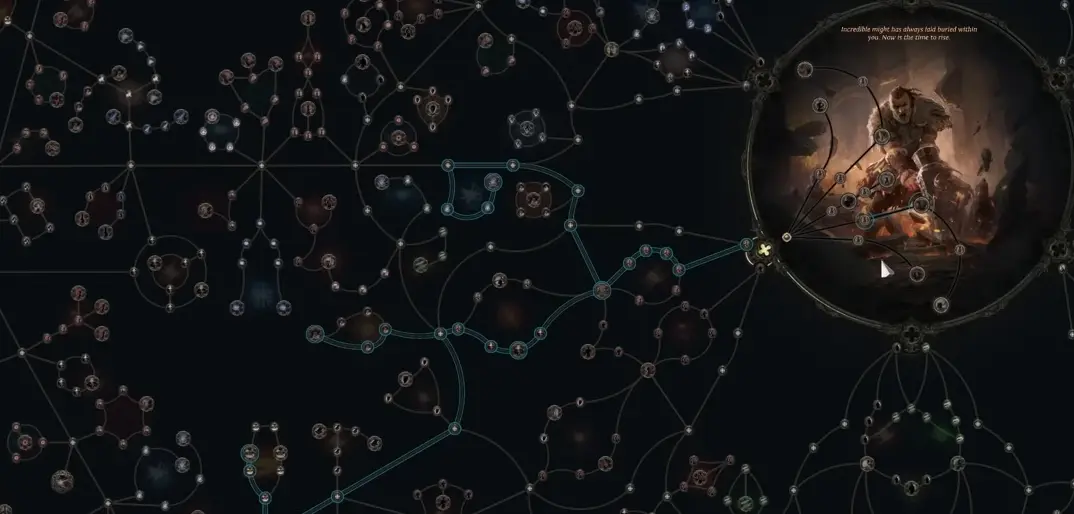 Example of an allocated theorycrafting routing path on the PoE2 passive tree Path of Exile 2 Passive Skill Tree Build Path with Highlighted Blue Nodes